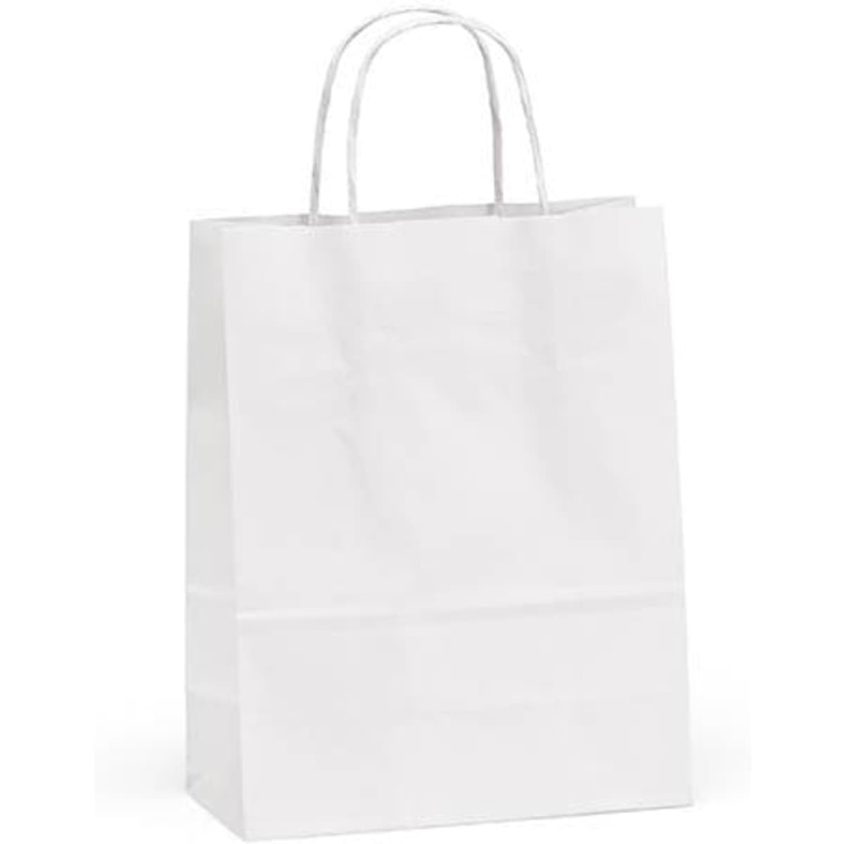 A white Kraft bag with two handles, made from 90gsm material. It has a simple design and includes a logo.
