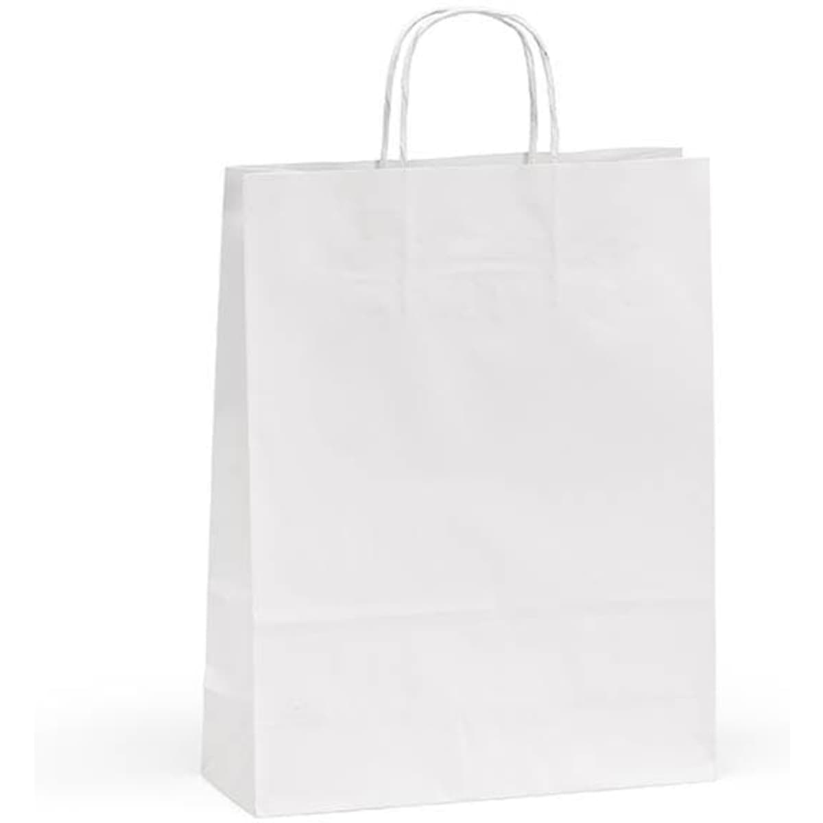A white FSC® Kraft bag with handles, made from 90gsm paper, featuring logos on the surface.