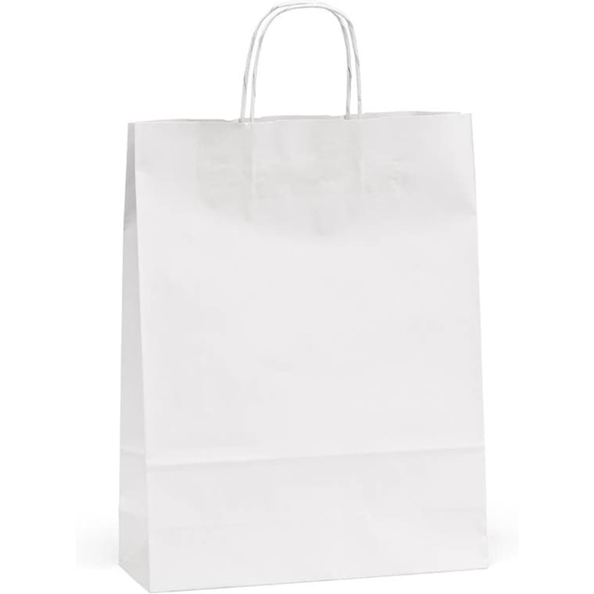 A white kraft bag with handles, featuring a simple design and made of 100gsm material. It has a logo.