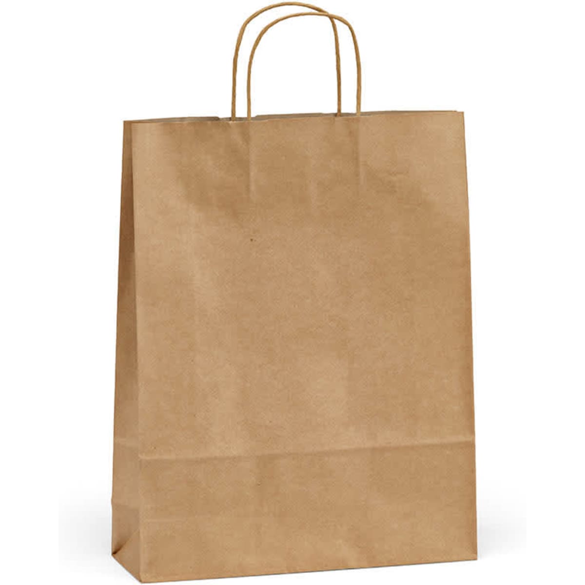 A brown recycled kraft bag with two handles, featuring a square base and a smooth surface.