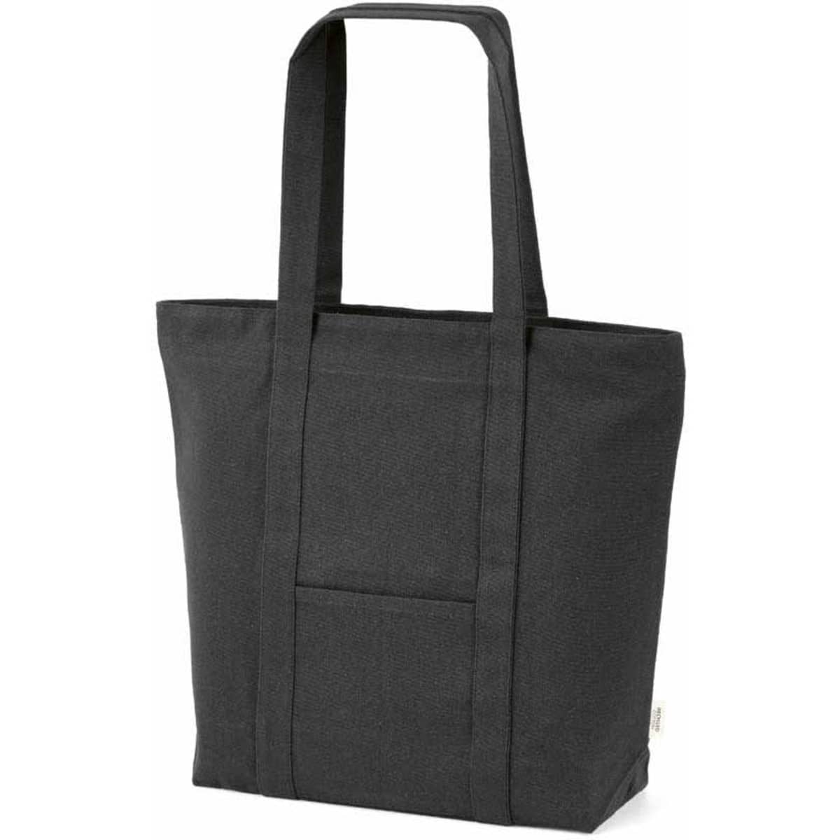 A black shopping bag with 65cm handles and a front pocket, made from 360gsm cotton. It features a logo.