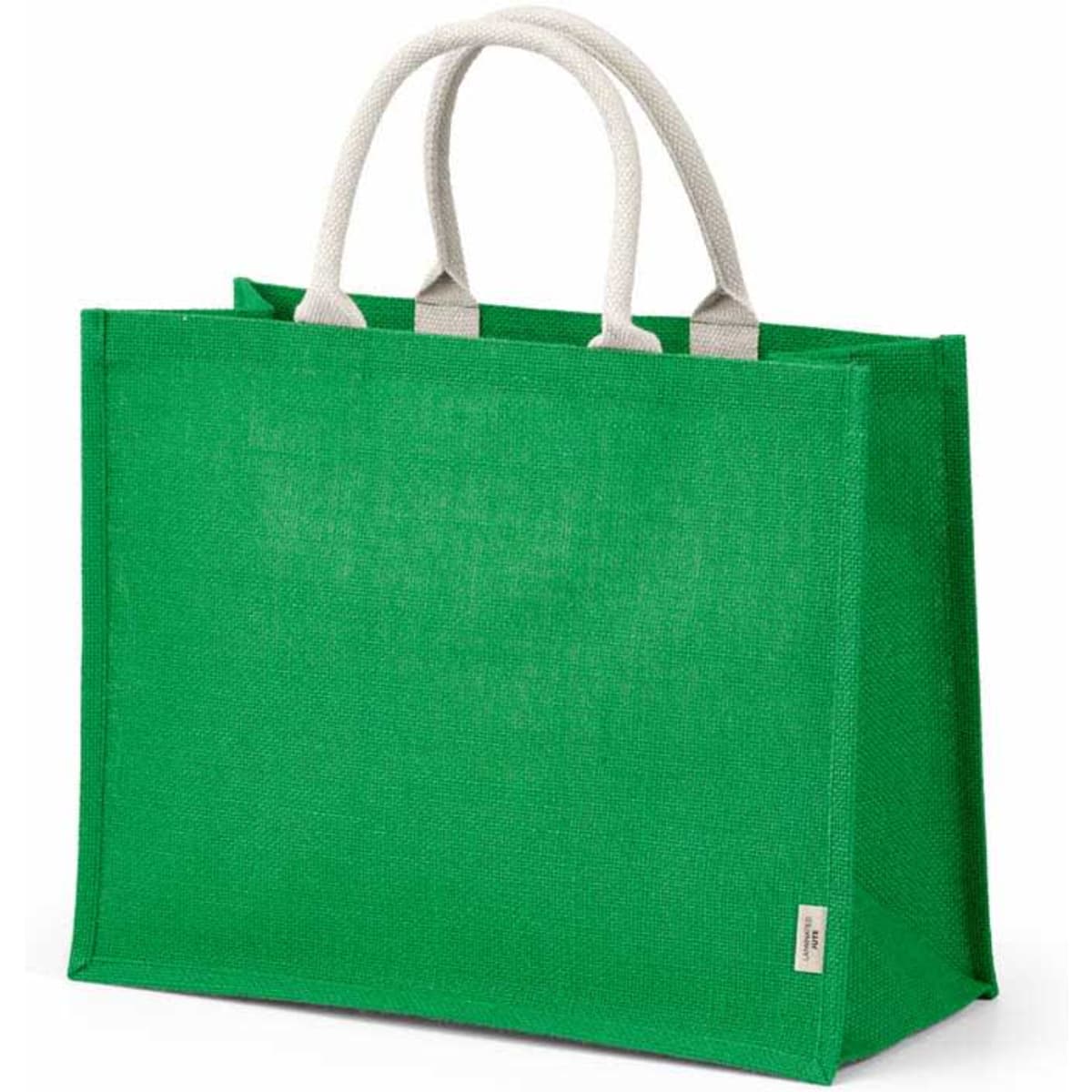 A green jute and cotton shopping bag with 40cm handles and a logo on the side.