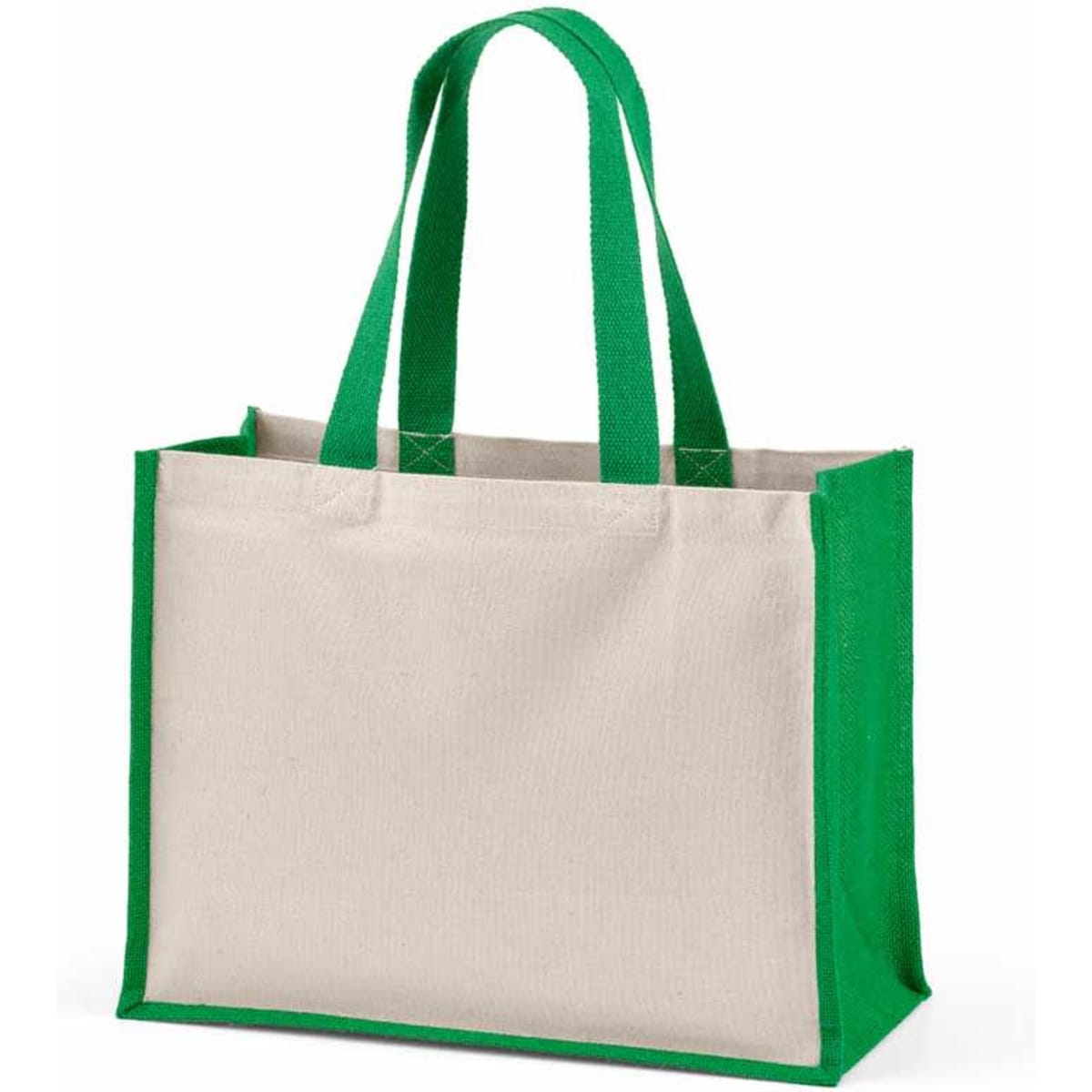 A shopping bag made from cream-coloured fabric with green handles and trim, featuring a logo.