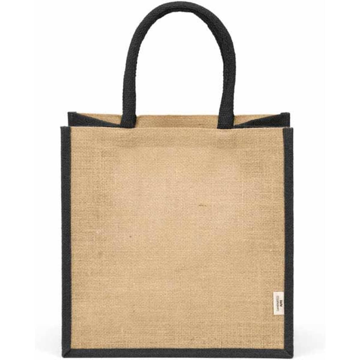 A jute shopping bag with dark handles and an unadorned tan body, featuring a simple logo.