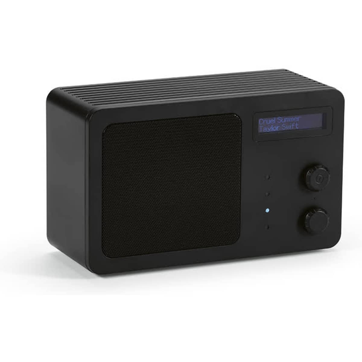 A black speaker with an LCD display, features a textured speaker grille and control buttons.