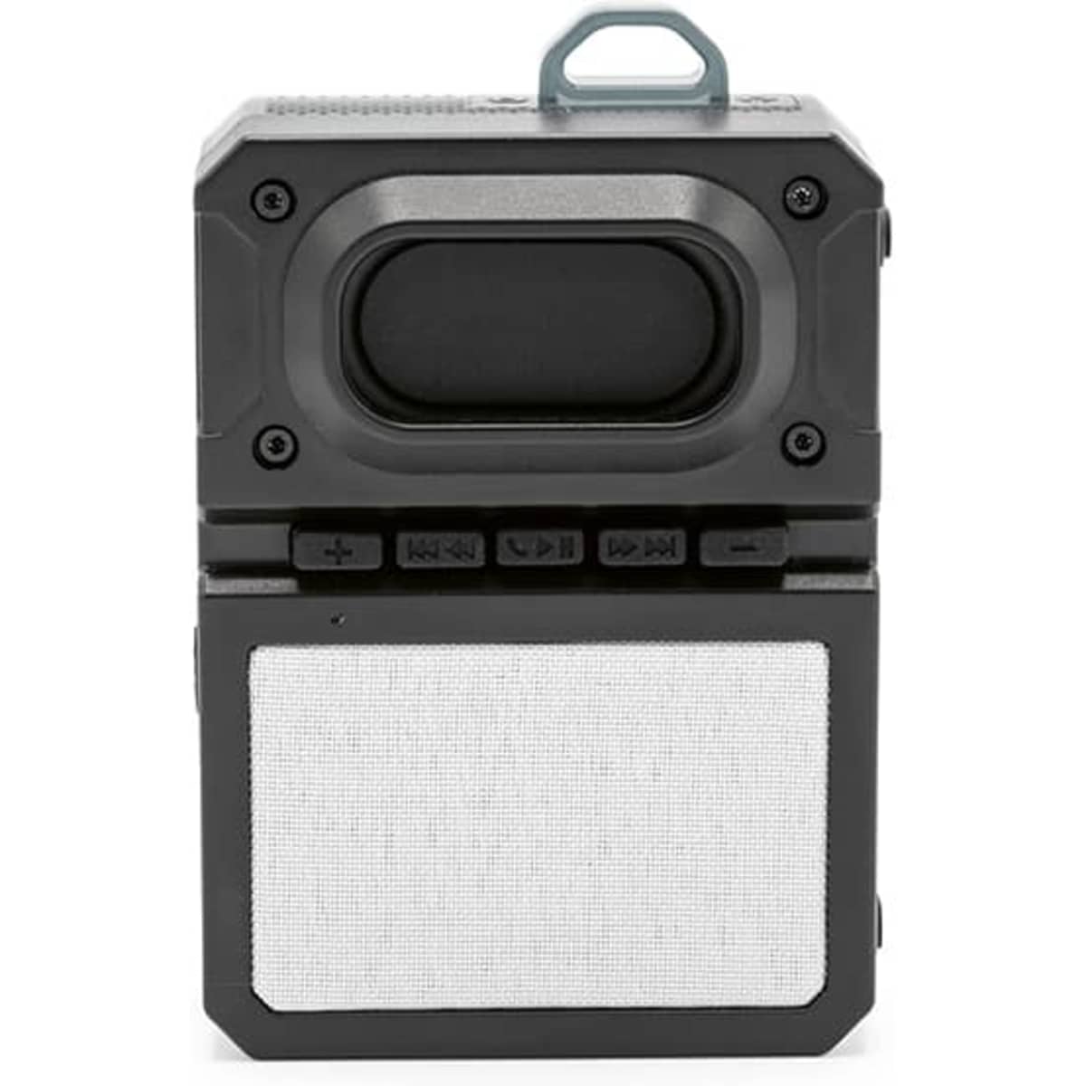 A portable black speaker with a grey speaker mesh and controls on the front. It features a handle for easy carrying.