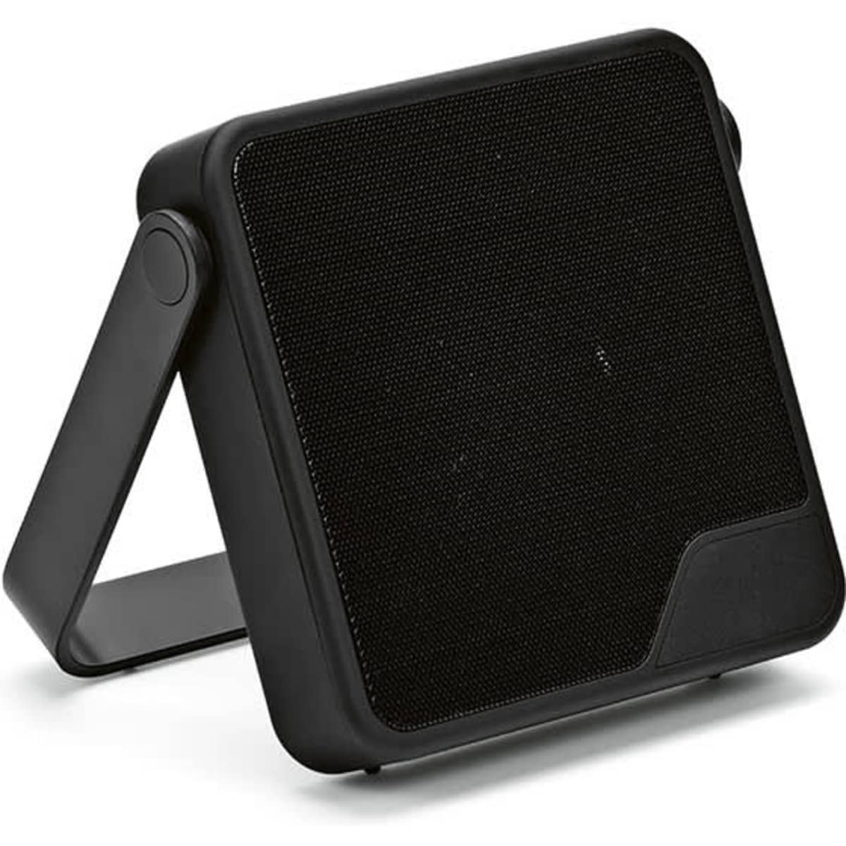 A black square portable speaker with a stand, featuring a textured front grille and a logo.