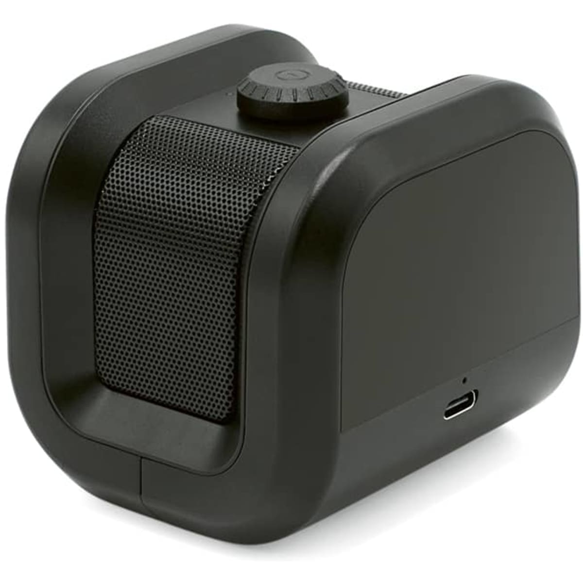 A black Bluetooth speaker with a textured surface and a volume knob on top. It has a USB-C port for charging.