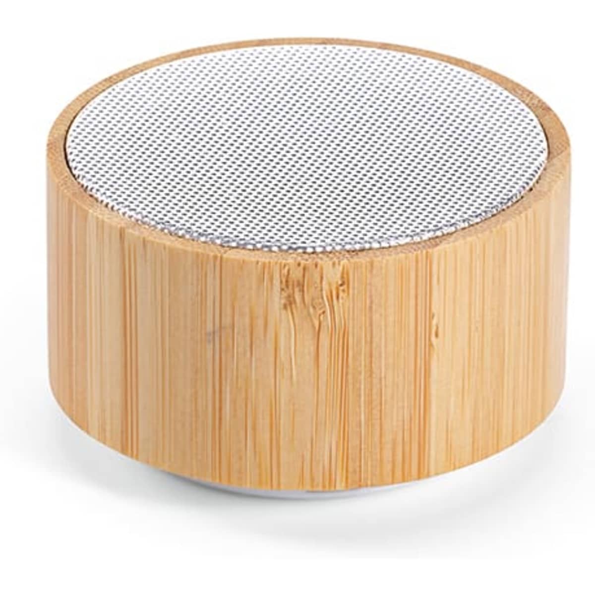 A round speaker made of bamboo with a textured mesh top, featuring a natural wood finish.