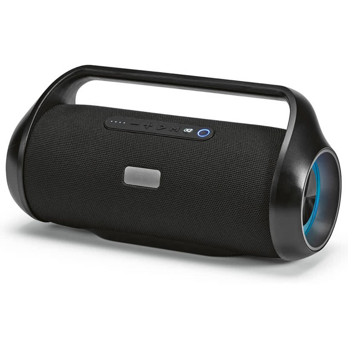 A black portable speaker with a handle, featuring a blue accent and control buttons on the front.