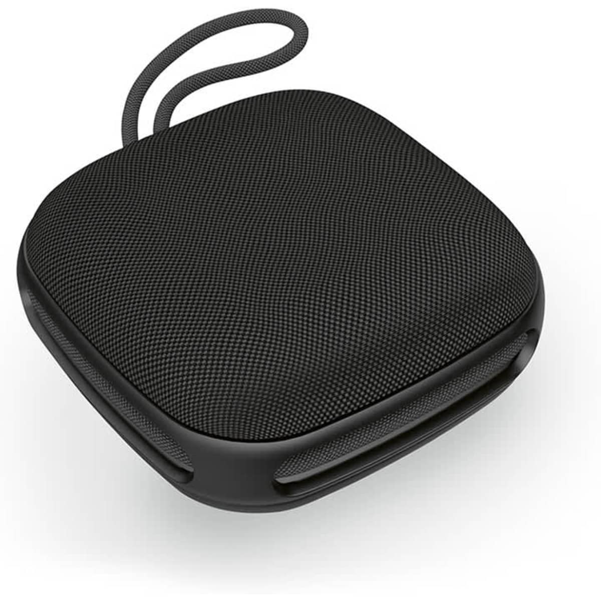 A portable black speaker with a textured surface and a carrying strap. It features a compact, square shape.