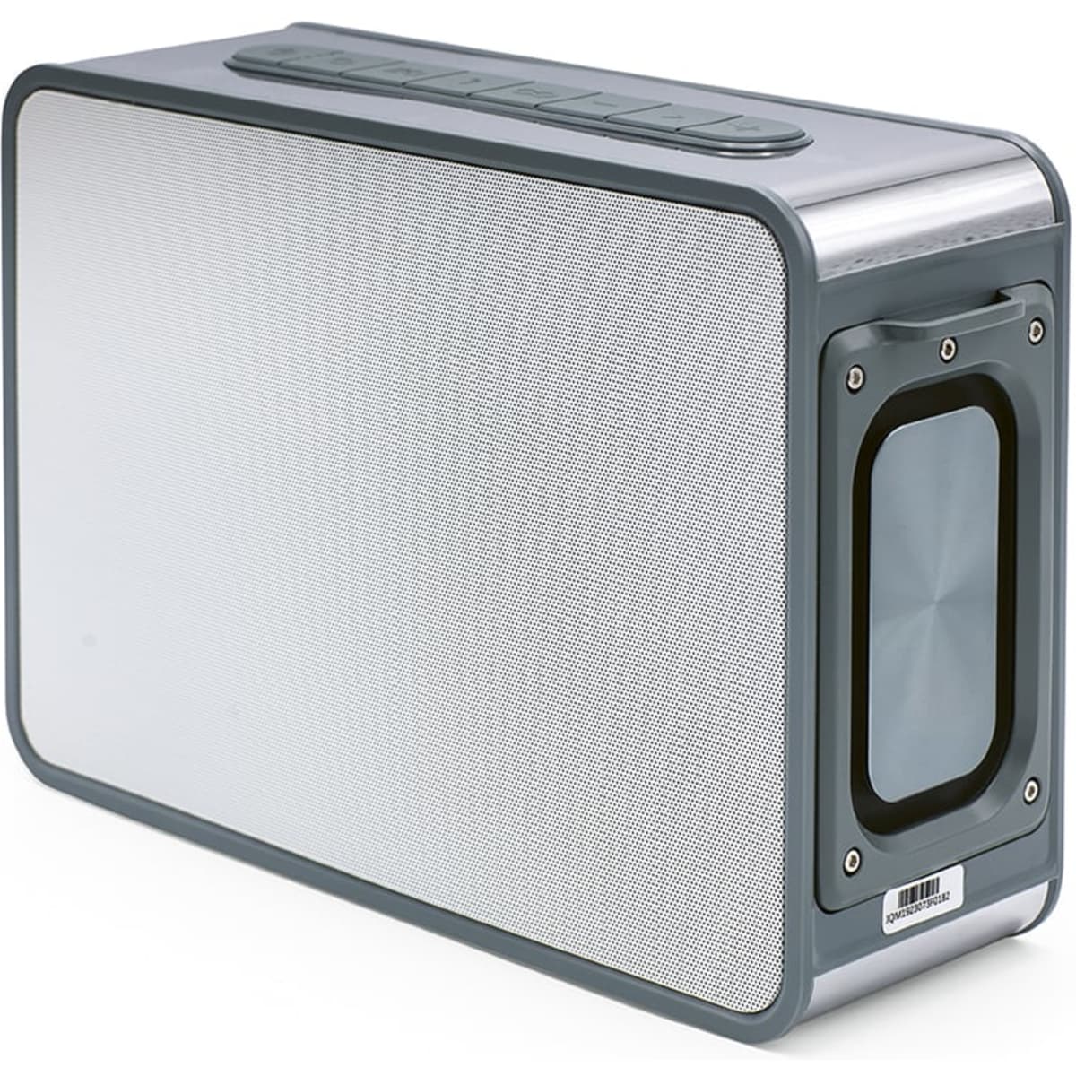 A rectangular silver and grey portable speaker with a mesh front and a logo on the side.