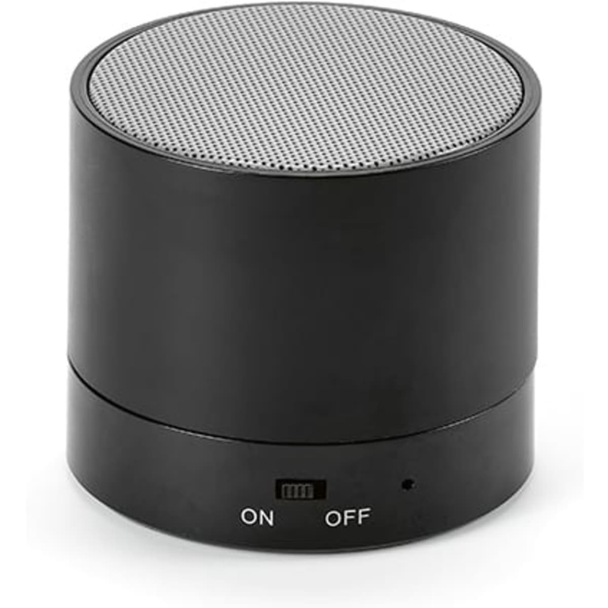 A black cylindrical speaker with a mesh top and an on/off switch at the base. It features a brand logo.