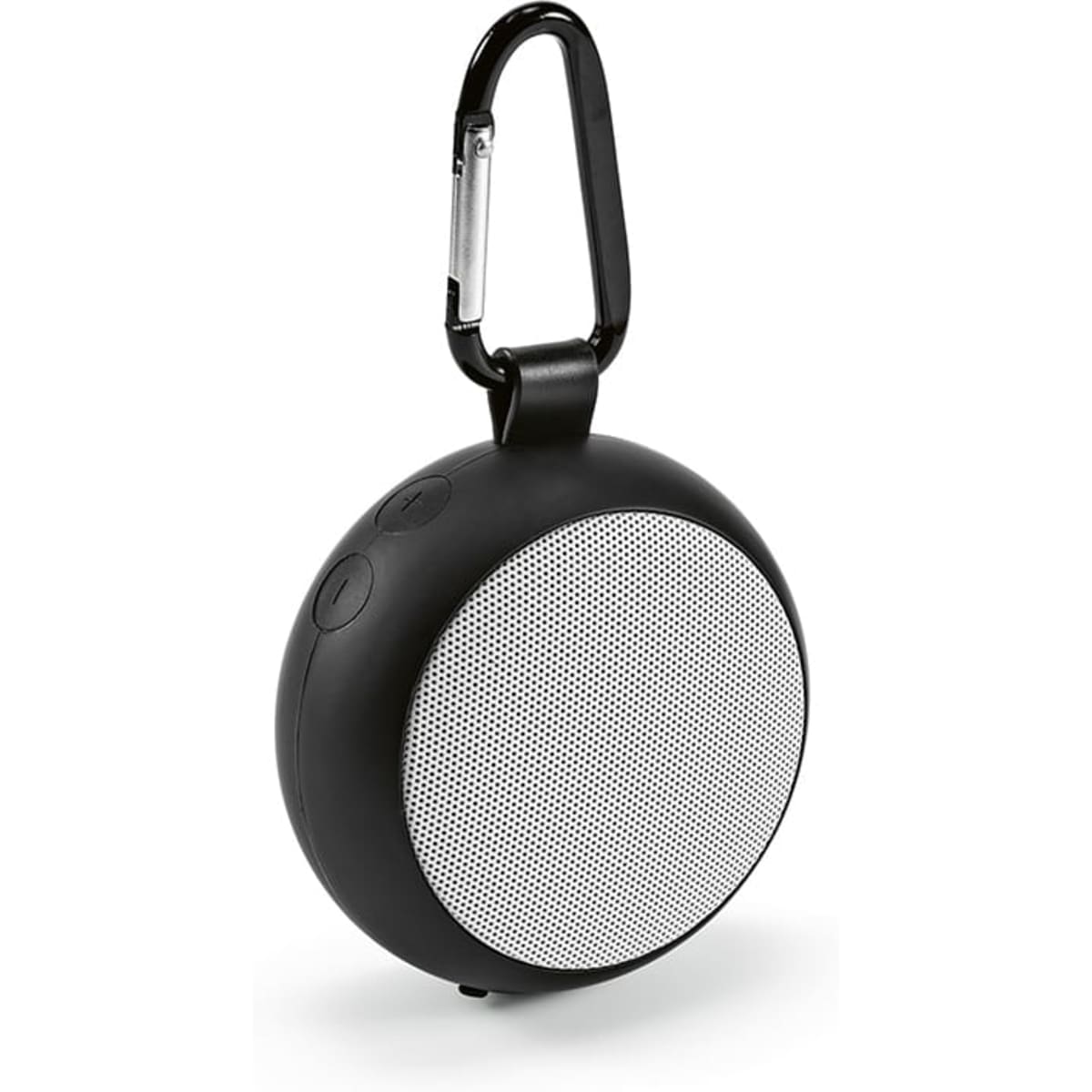 A round black portable speaker with a carabiner clip, featuring a textured front and control buttons on the side.
