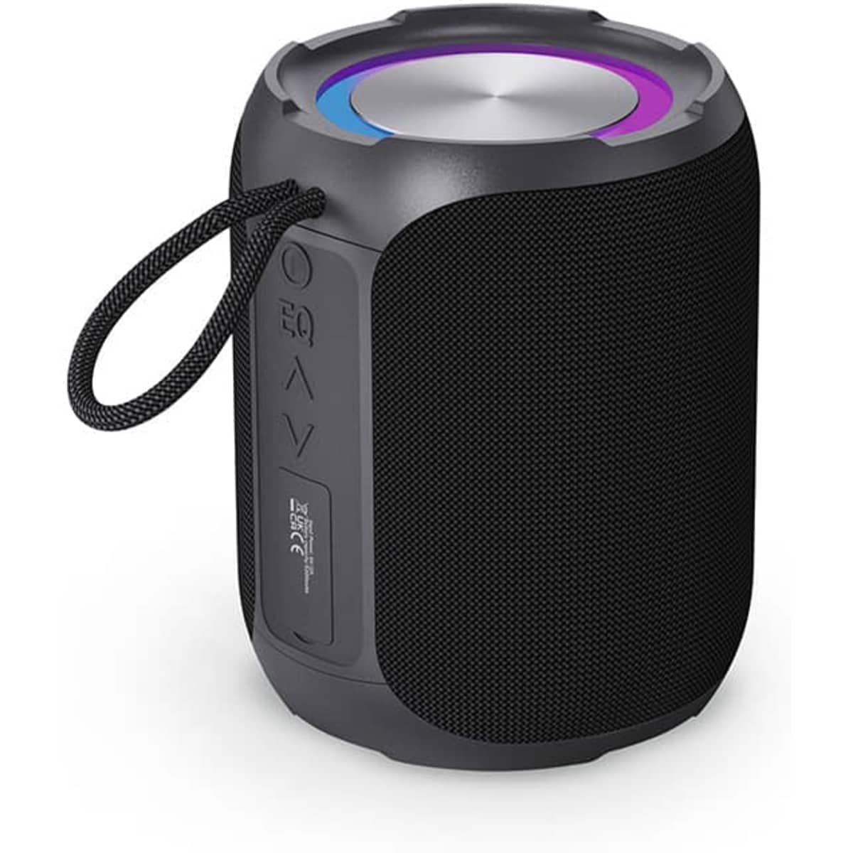A portable black speaker with a vibrant top light ring, featuring a textured surface and a carrying strap.