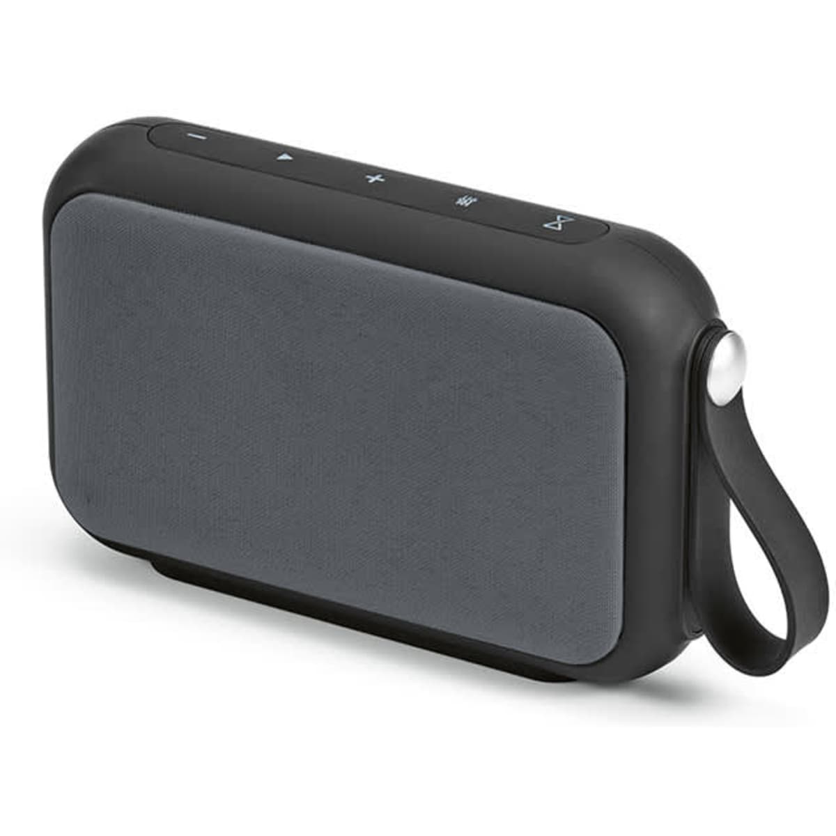 A portable speaker in black and grey with a strap and control buttons on the top. It features a logo.