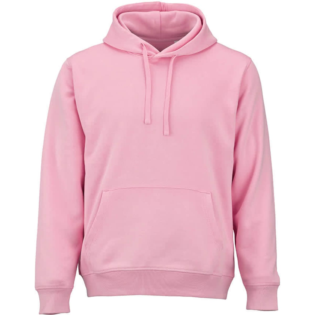A pink unisex hooded sweatshirt made from organic cotton and rPET, featuring a front pocket and a hood.
