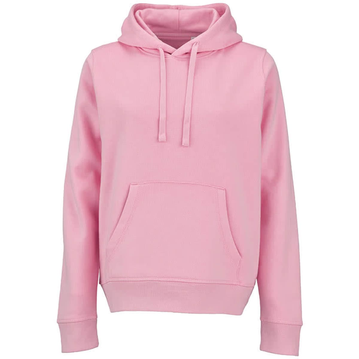 A pink women's hooded sweatshirt made of organic cotton and rPET, featuring a front pocket and a logo.