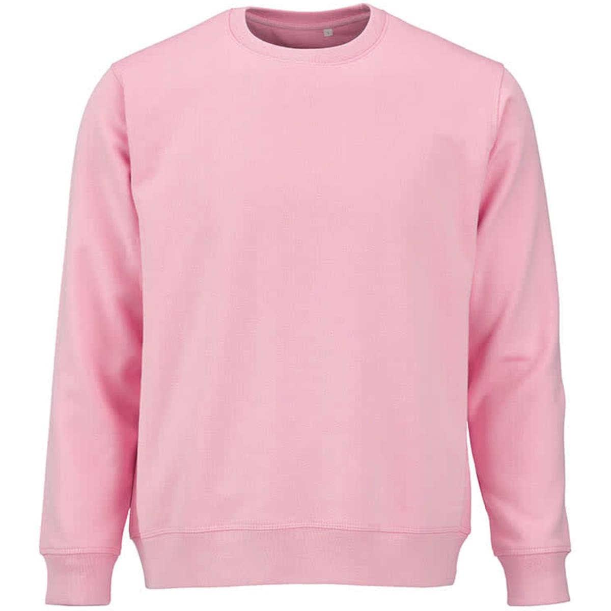 A pink unisex crew neck sweatshirt made from organic cotton and rPET, featuring a logo.