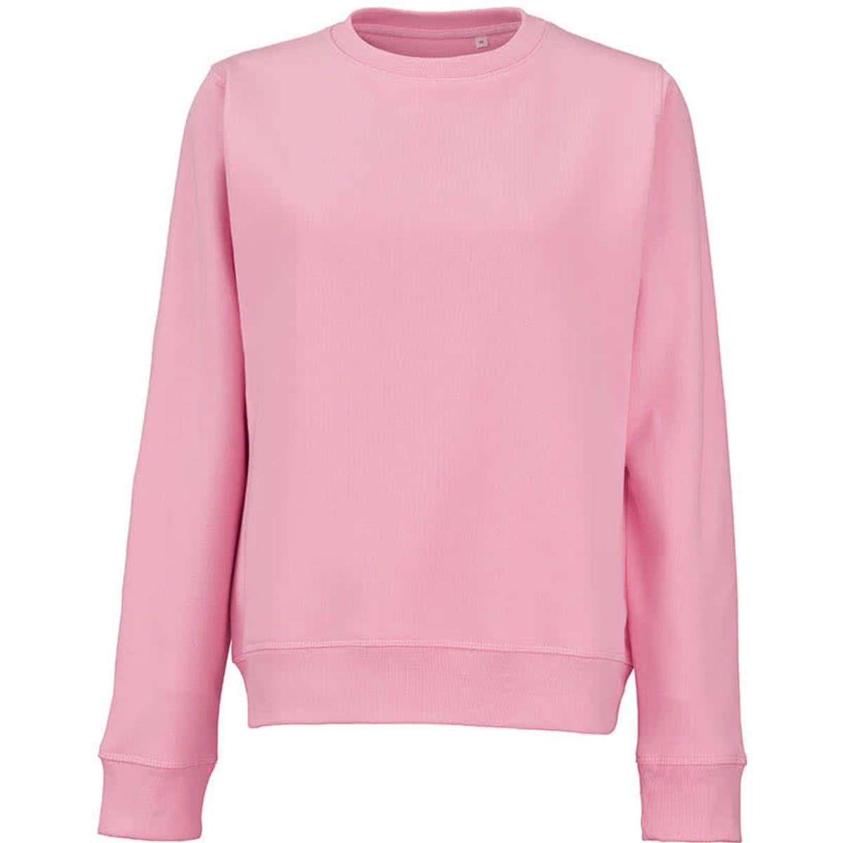A pink women's crew neck sweatshirt made from organic cotton and rPET, featuring a logo.