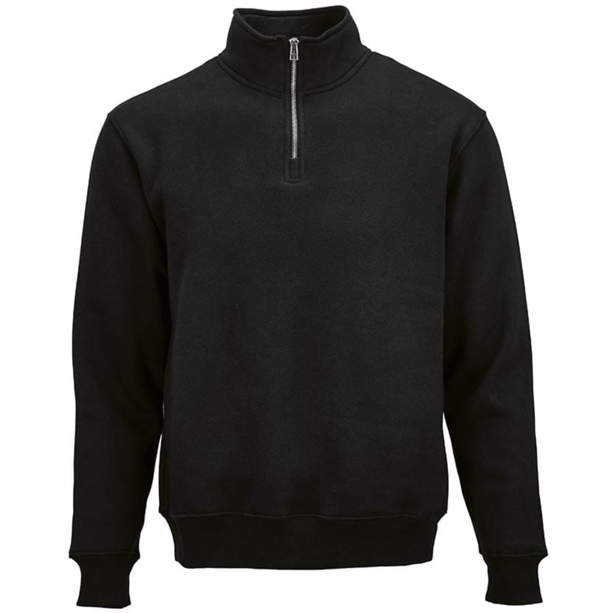 A black 1/4 zip sweatshirt made from organic cotton, rCotton, and rPET, featuring a small logo.