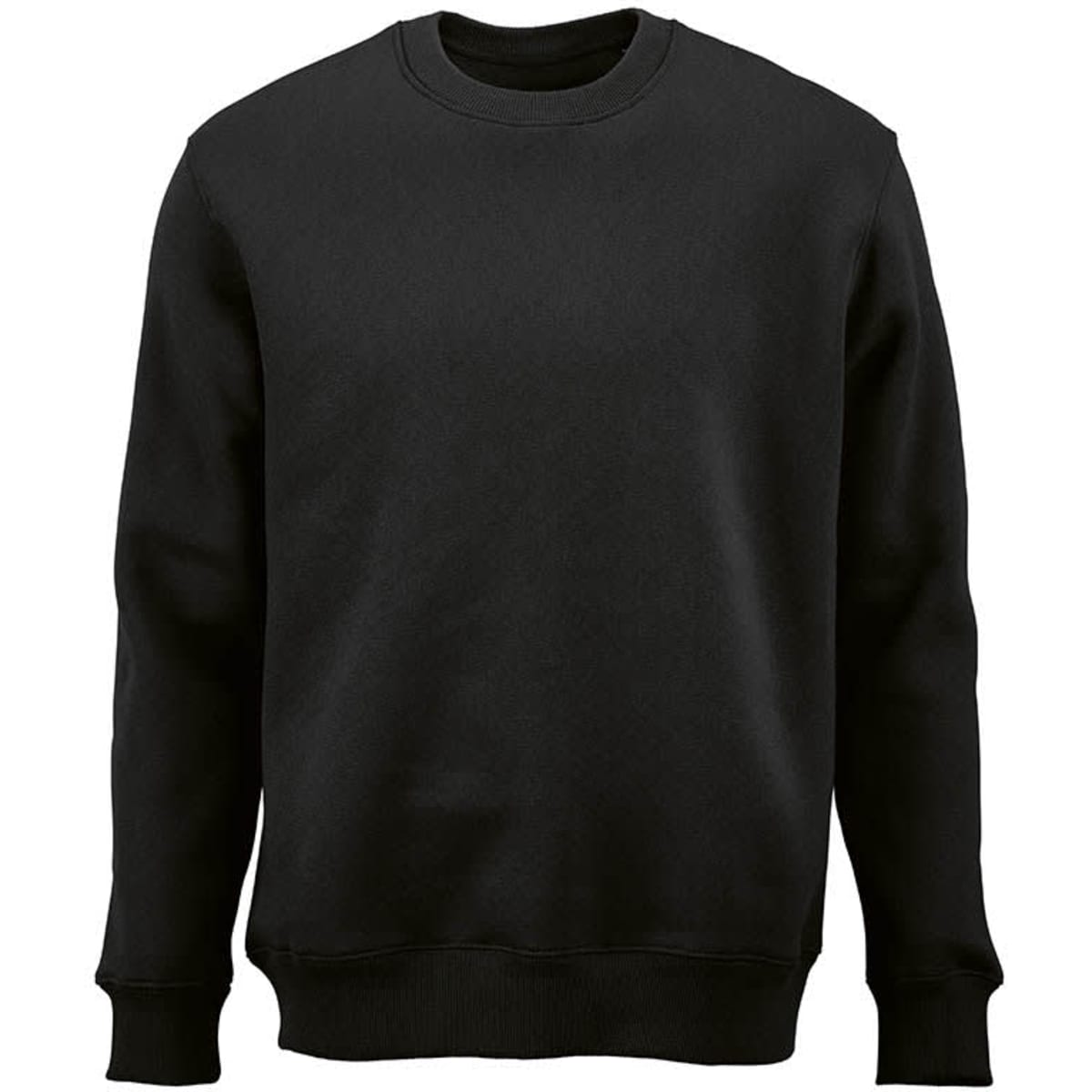 A black crew neck sweatshirt made from organic cotton, rCotton, and rPET. It features a logo on the front.