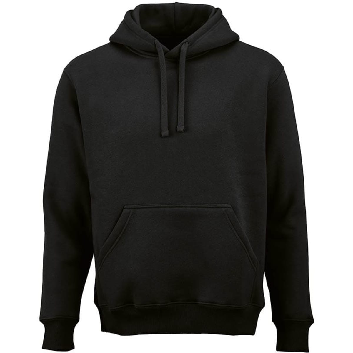 A black hooded sweatshirt featuring a front pocket and drawstrings. Made from organic cotton and rPET, with a logo.