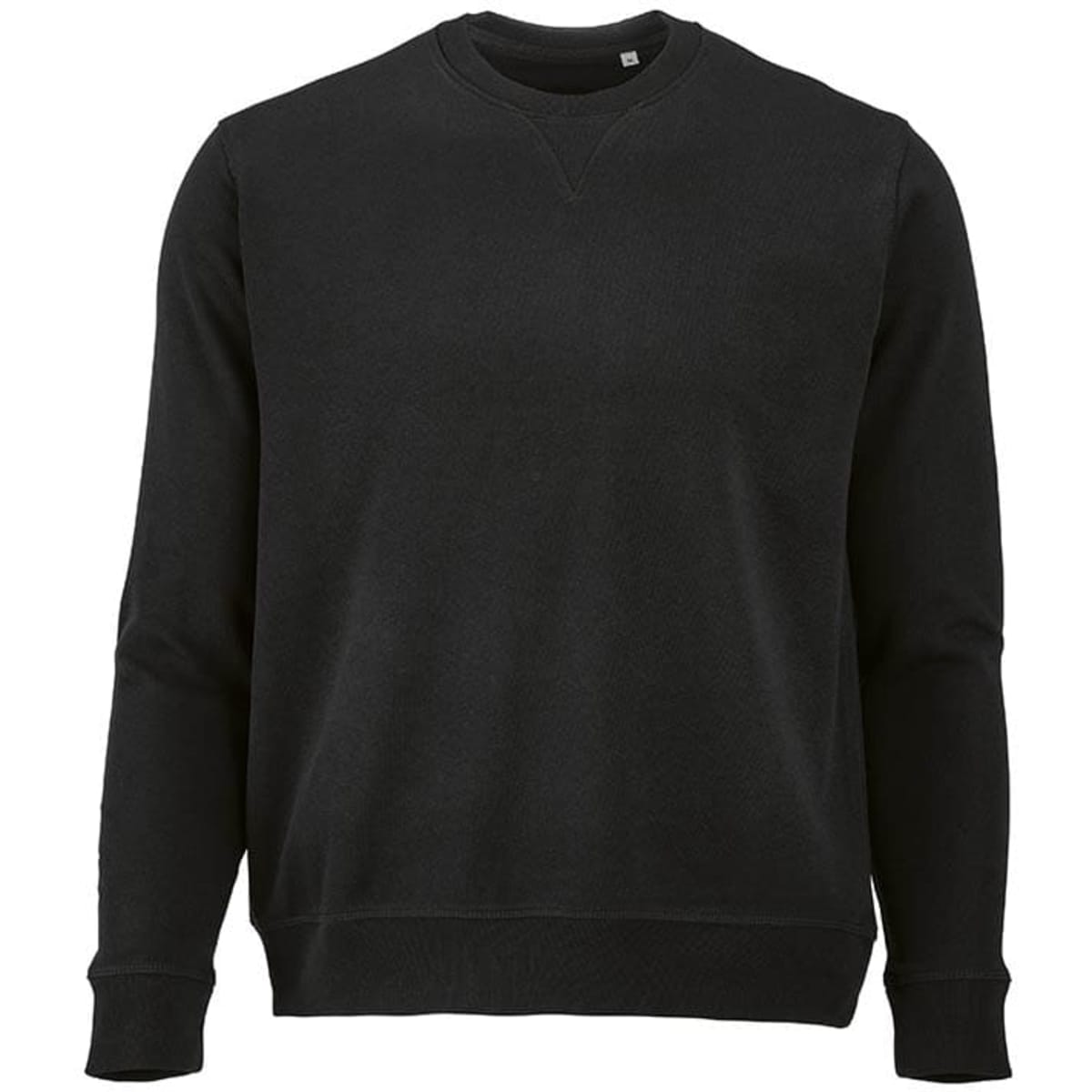A black crew neck sweatshirt made from 100% organic cotton with a textured finish. Features a logo on the front.