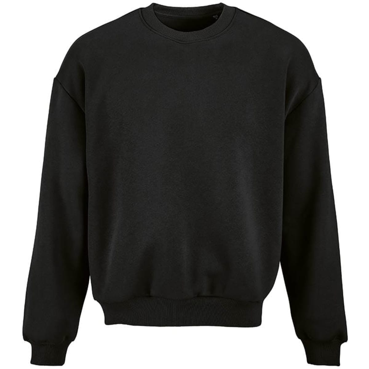 A black oversized sweatshirt made from organic cotton, rCotton, and rPET. It features a simple design and has a logo.