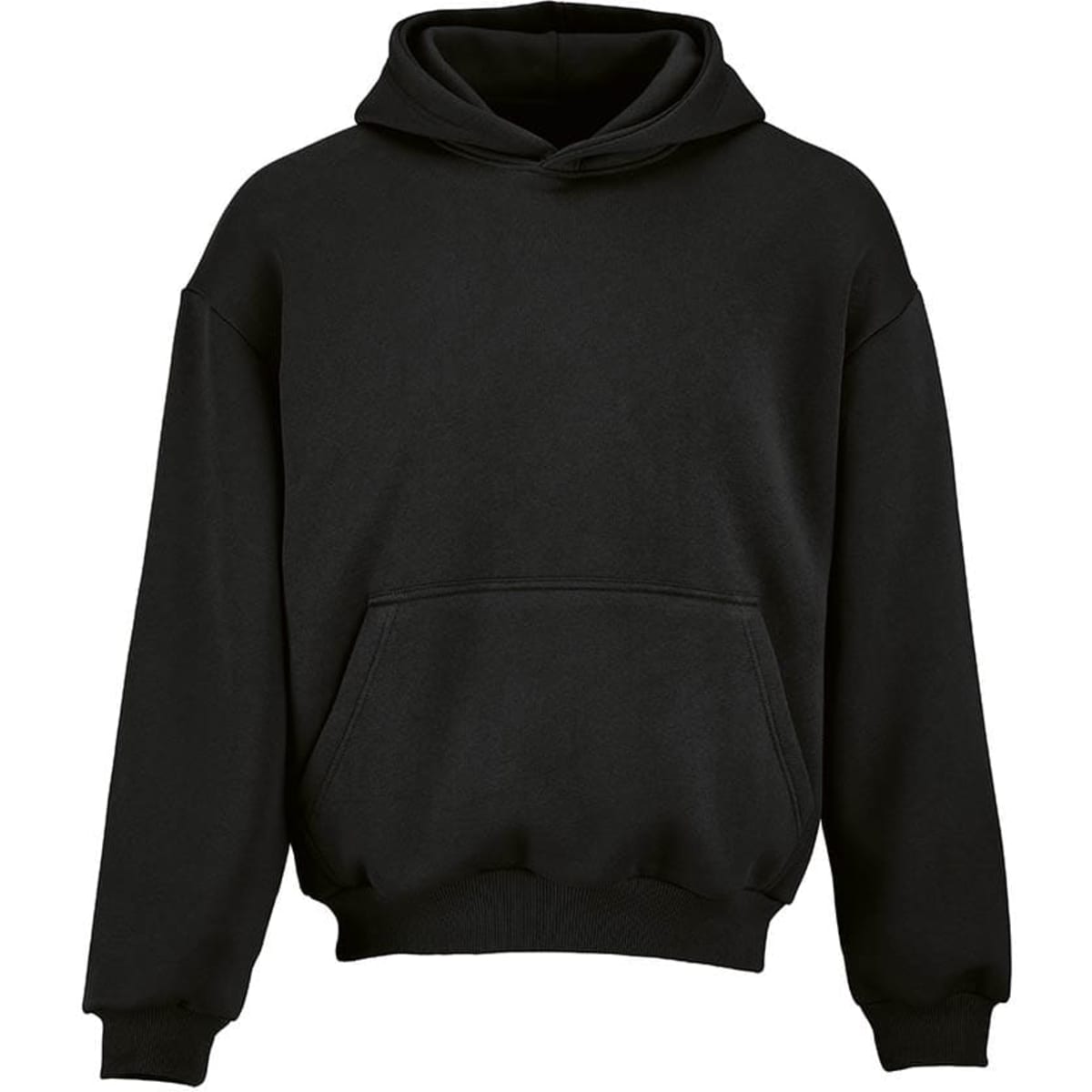 A black oversized hooded sweatshirt with a kangaroo pocket and a logo. Made from organic cotton and recycled materials.