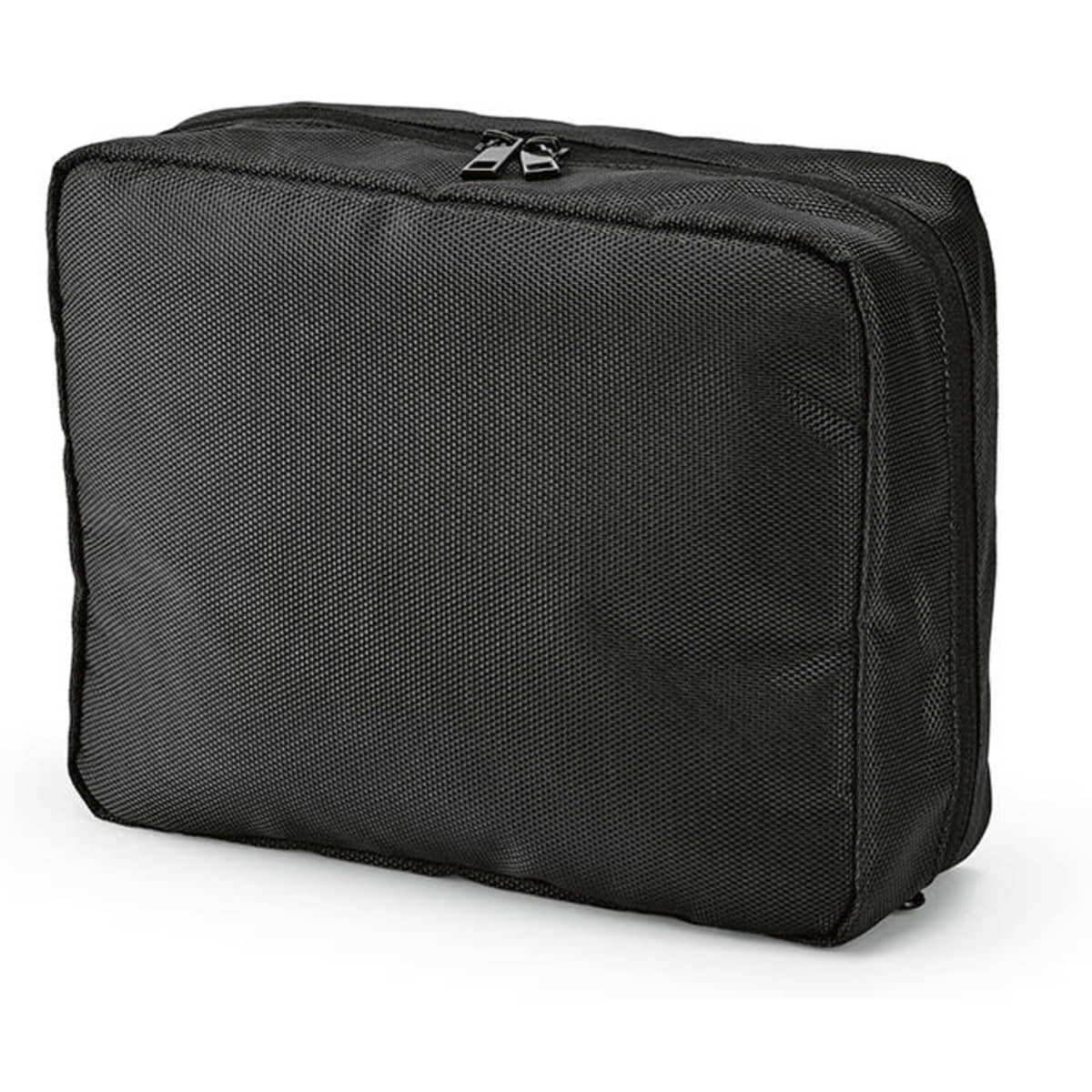 A black toiletry bag with a textured surface, featuring a zip closure and a hanging hook. It has a logo on the front.