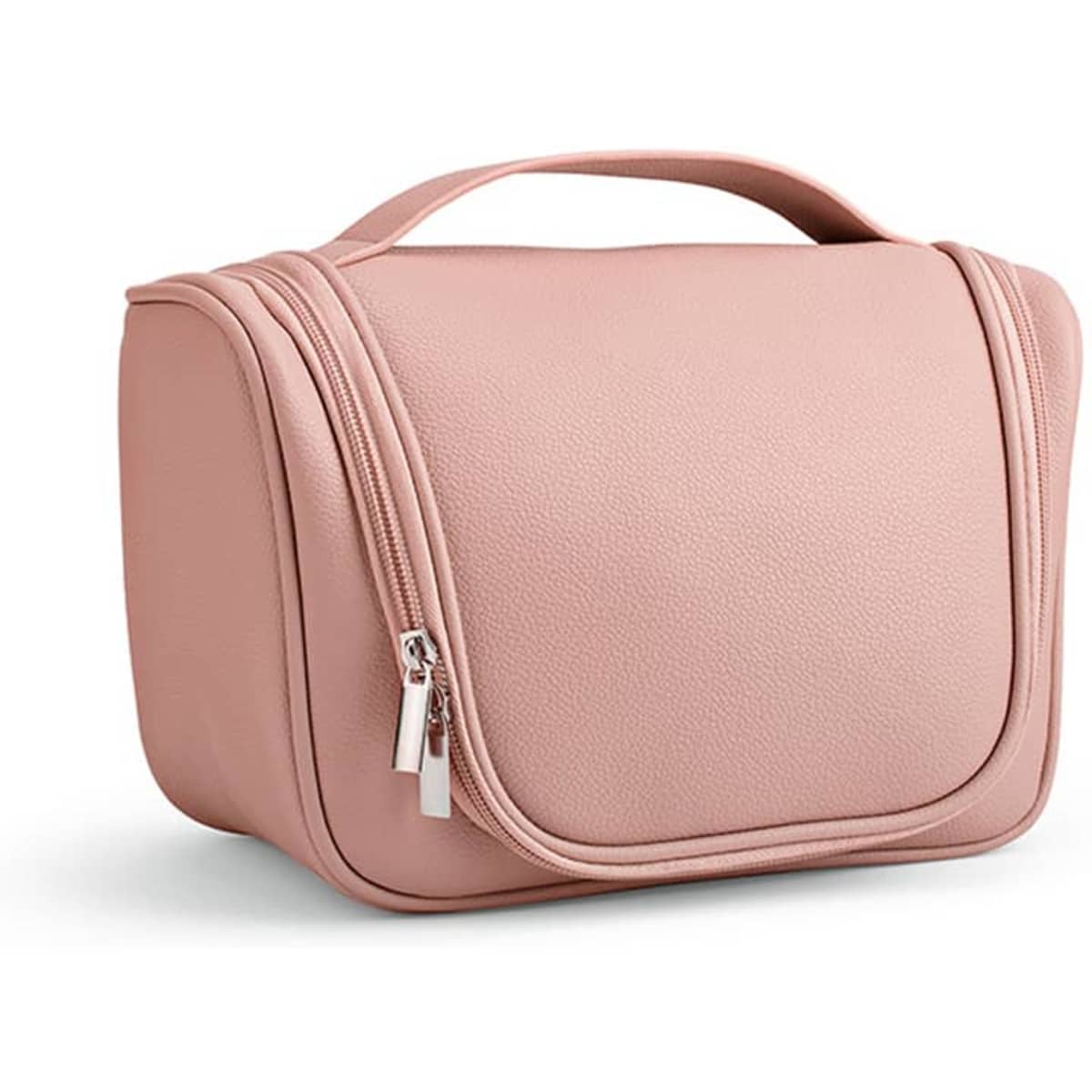 A pink toiletry bag with a handle and hook, featuring a zippered closure and a smooth textured surface.