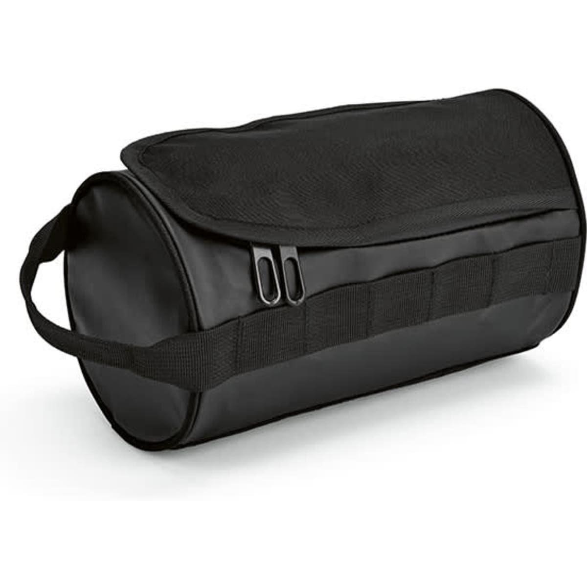 A black barrel-shaped toiletry bag with a carry handle, featuring a logo and a textured surface.
