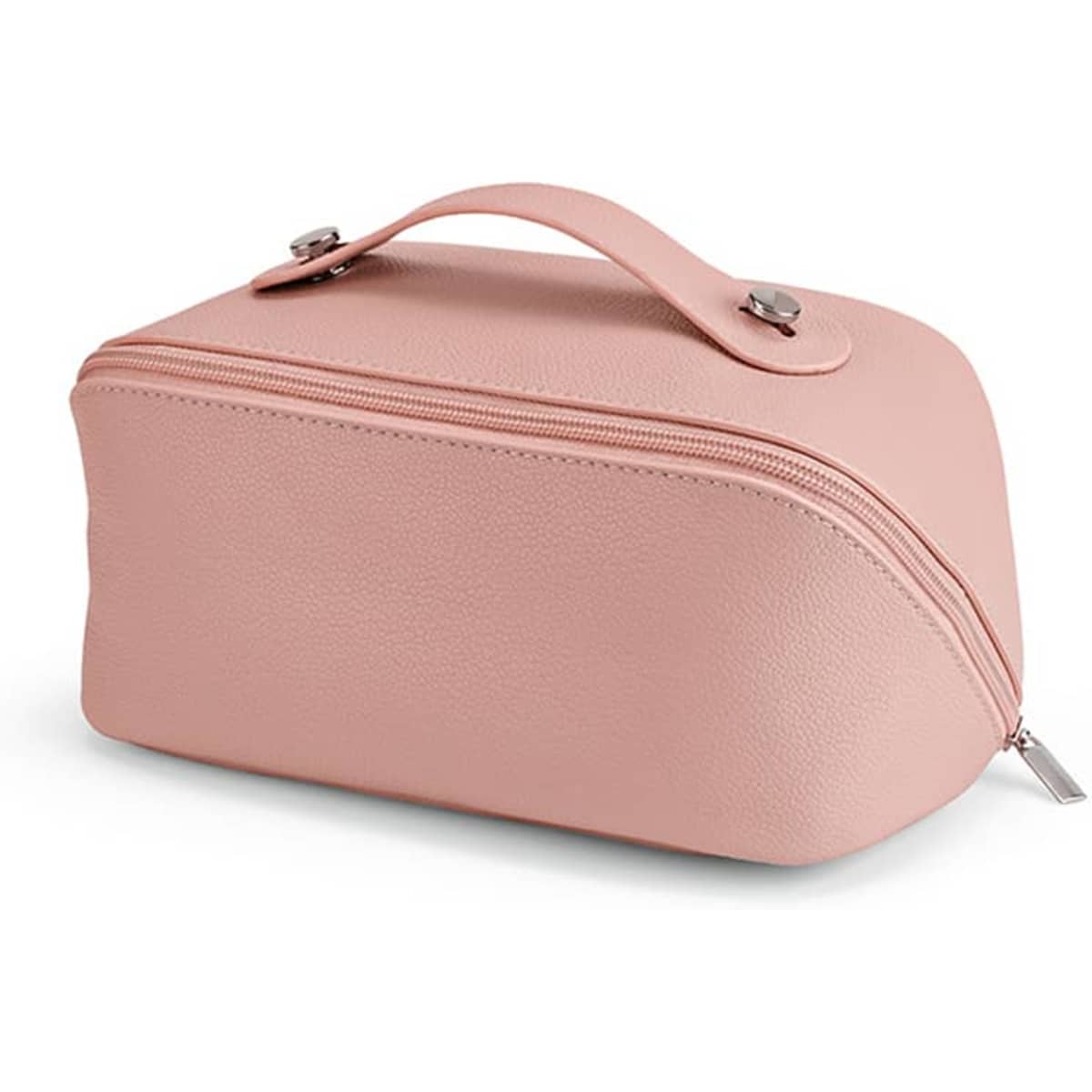 A pink toiletry bag with a zipper and handle, featuring a textured leather finish and a logo.