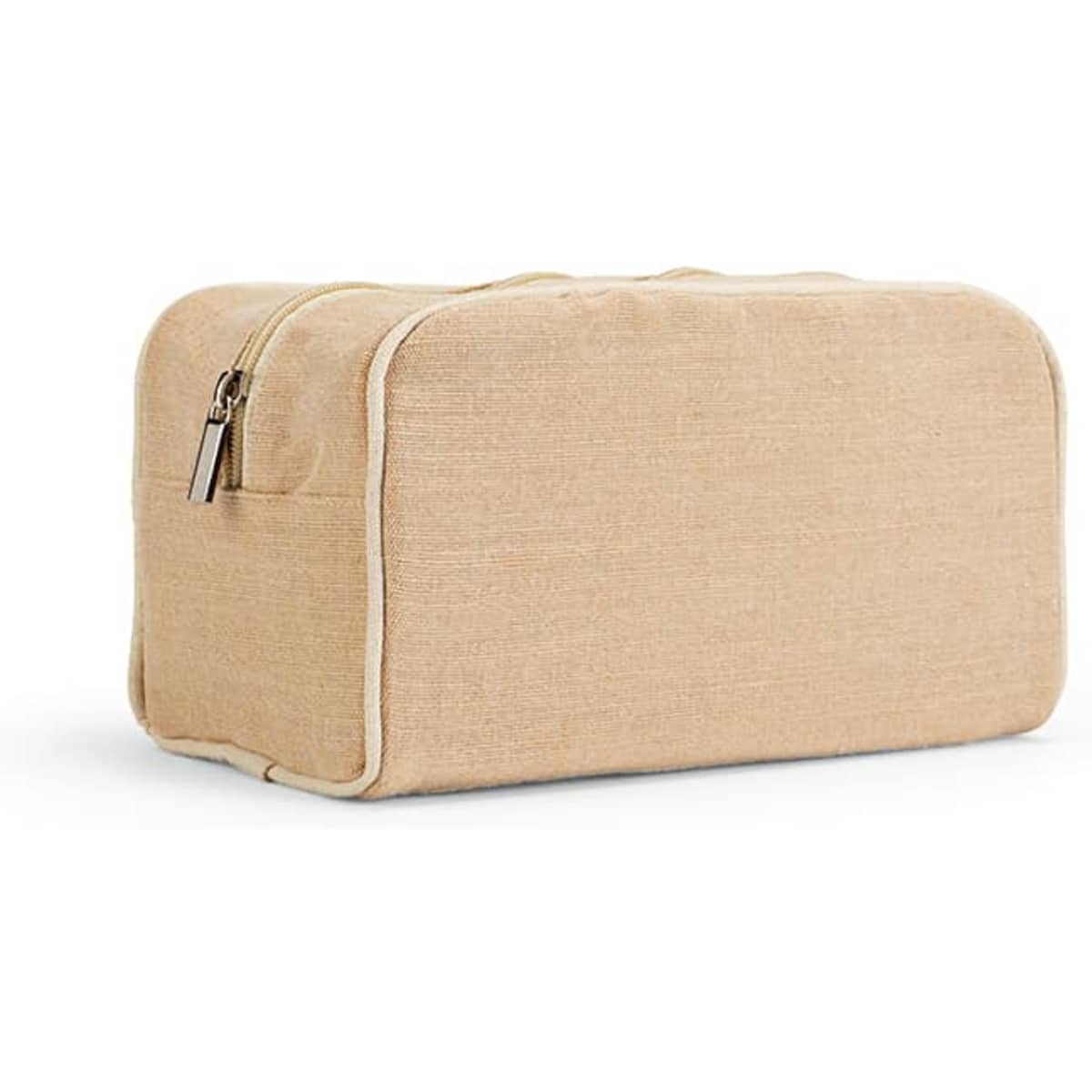 A beige jute toiletry bag with a zipper and a branded logo.