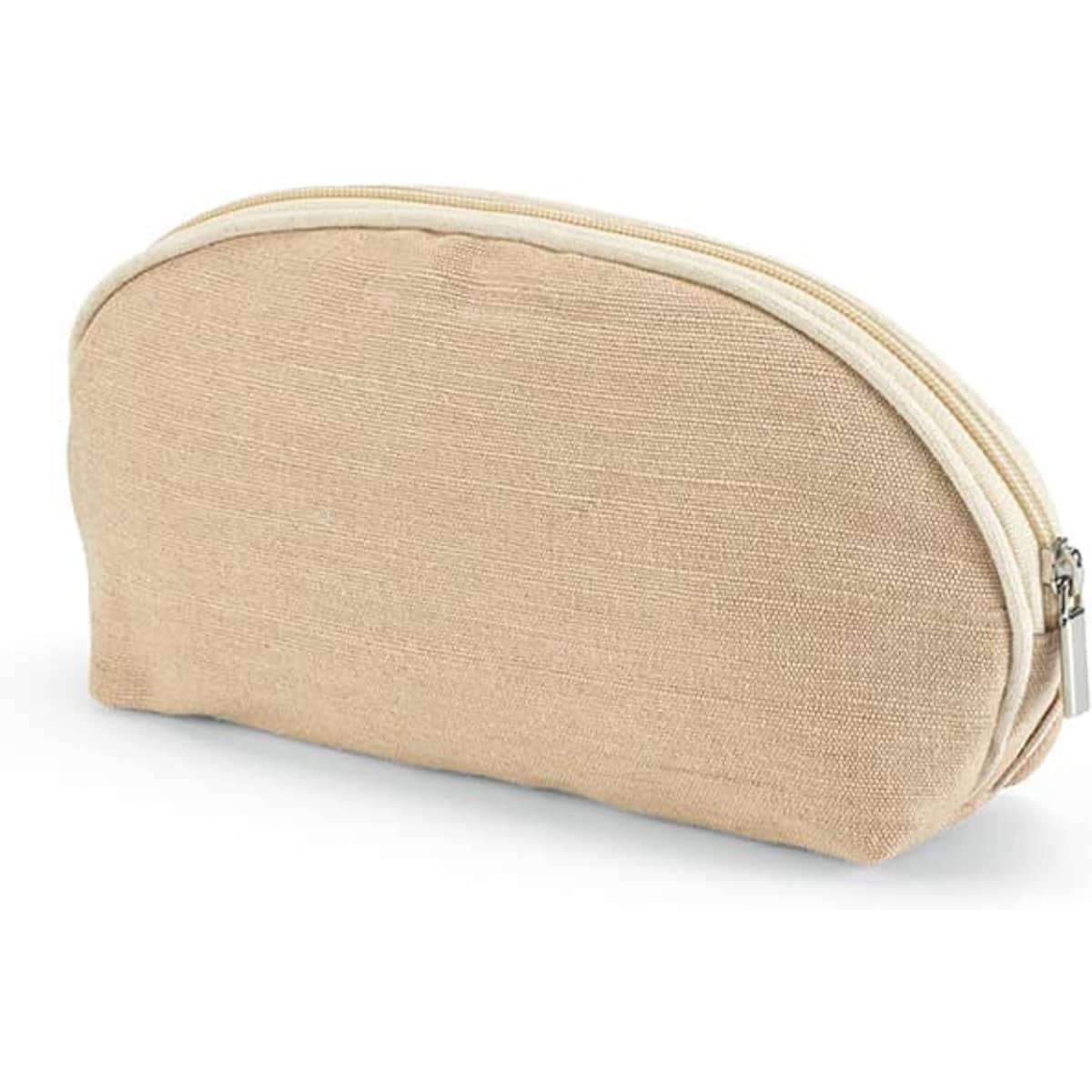 A jute toiletry bag in a natural beige colour with a zipper closure and a subtle branding logo.