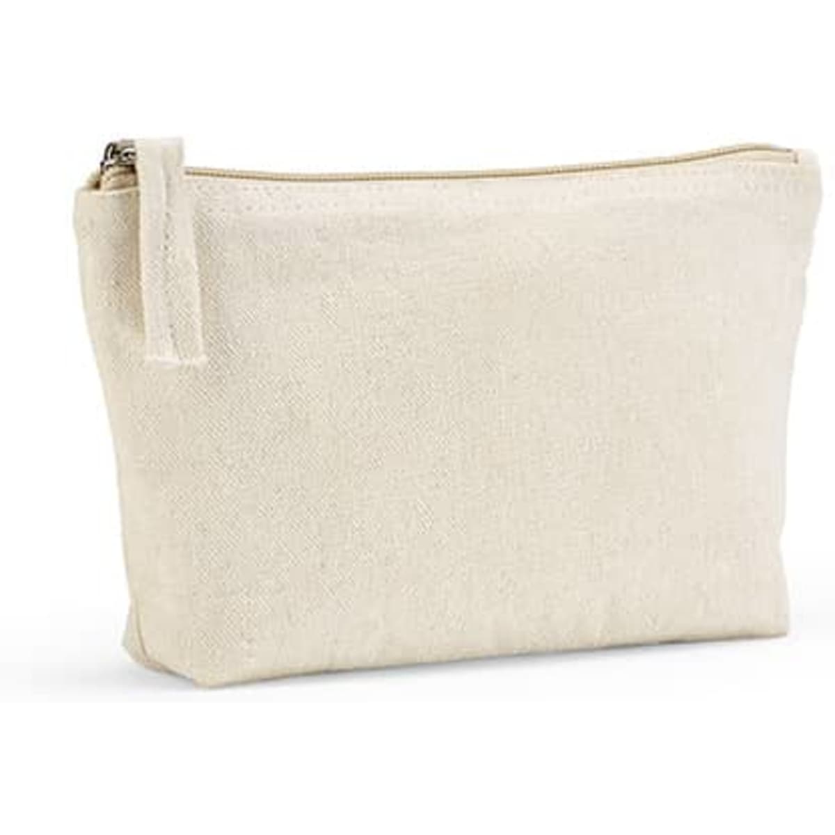A toiletry bag made of cream rCotton with a zipper, featuring a simple design and a small handle.