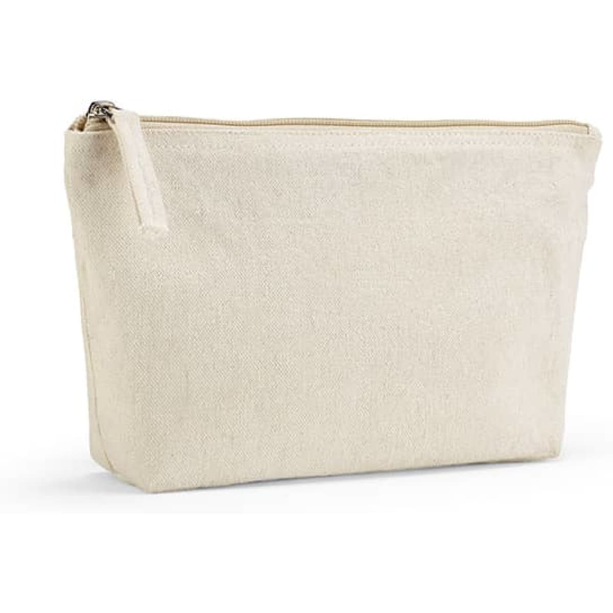 A cream toiletry bag made from rCotton, featuring a zip closure and a simple design.