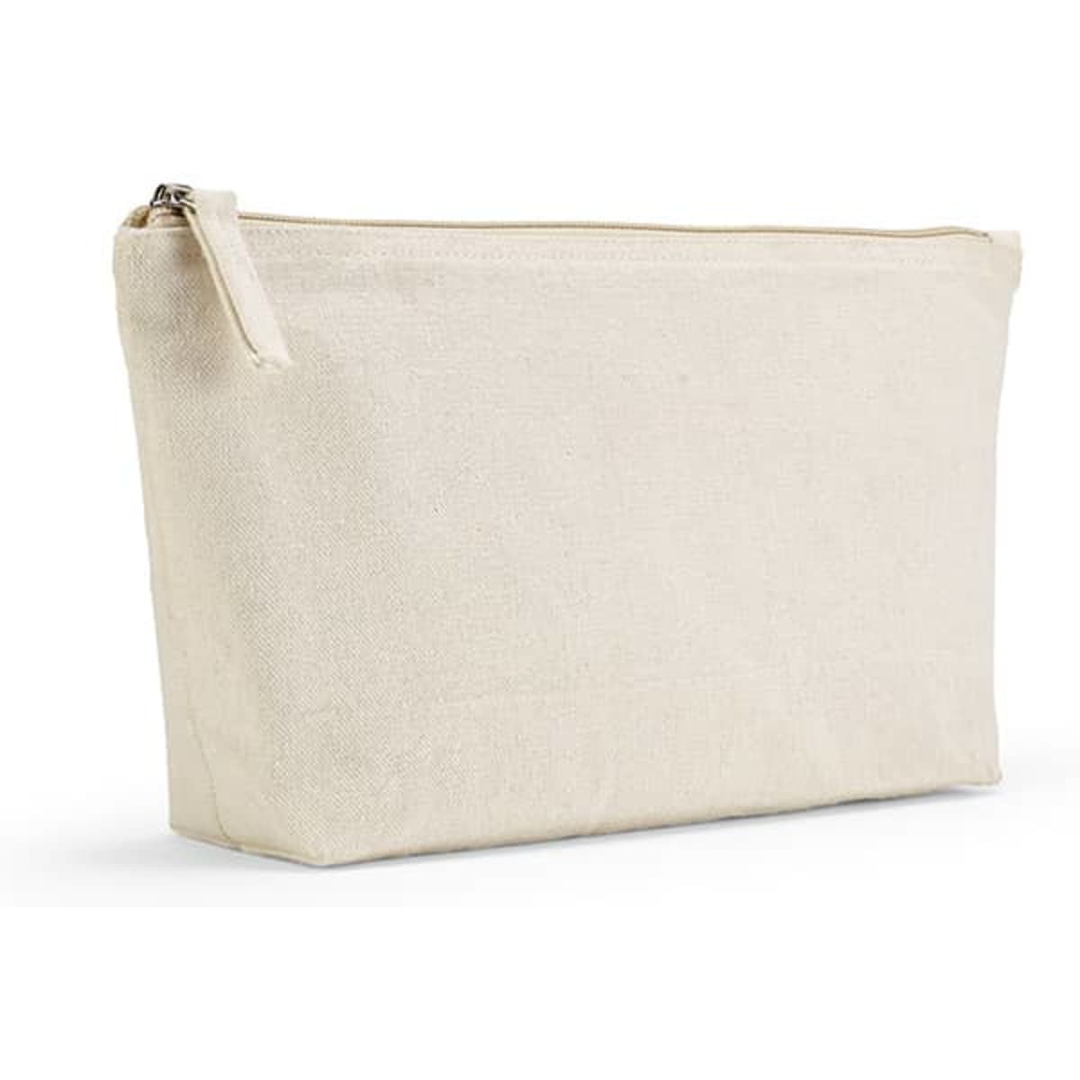 A cream toiletry bag made of 320 gsm cotton, featuring a zipper and a branding logo.