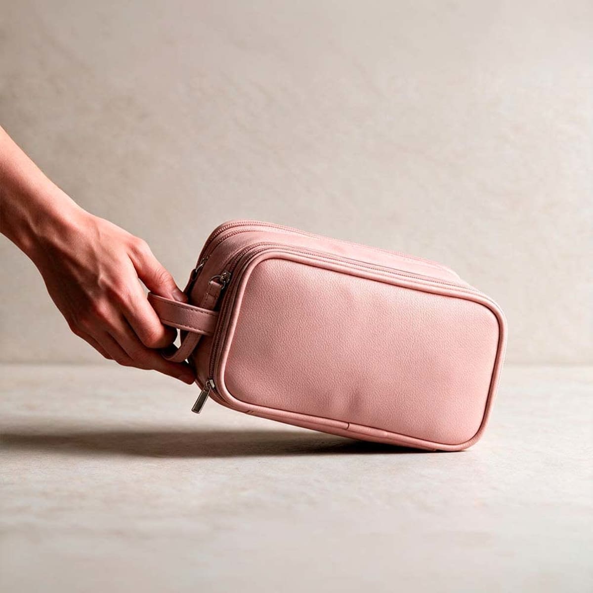 A pink toiletry bag with a dual-zipper and magnetic closure, featuring a hand holding it. Includes a logo.