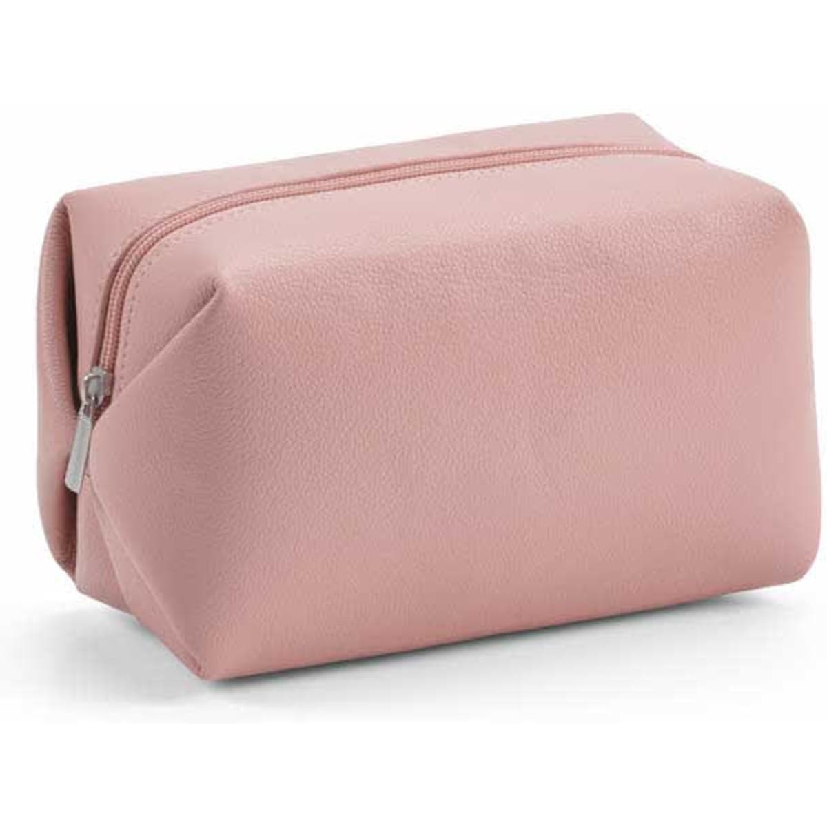 A pink toiletry bag with a zipper, featuring a rectangular shape and a subtle texture.