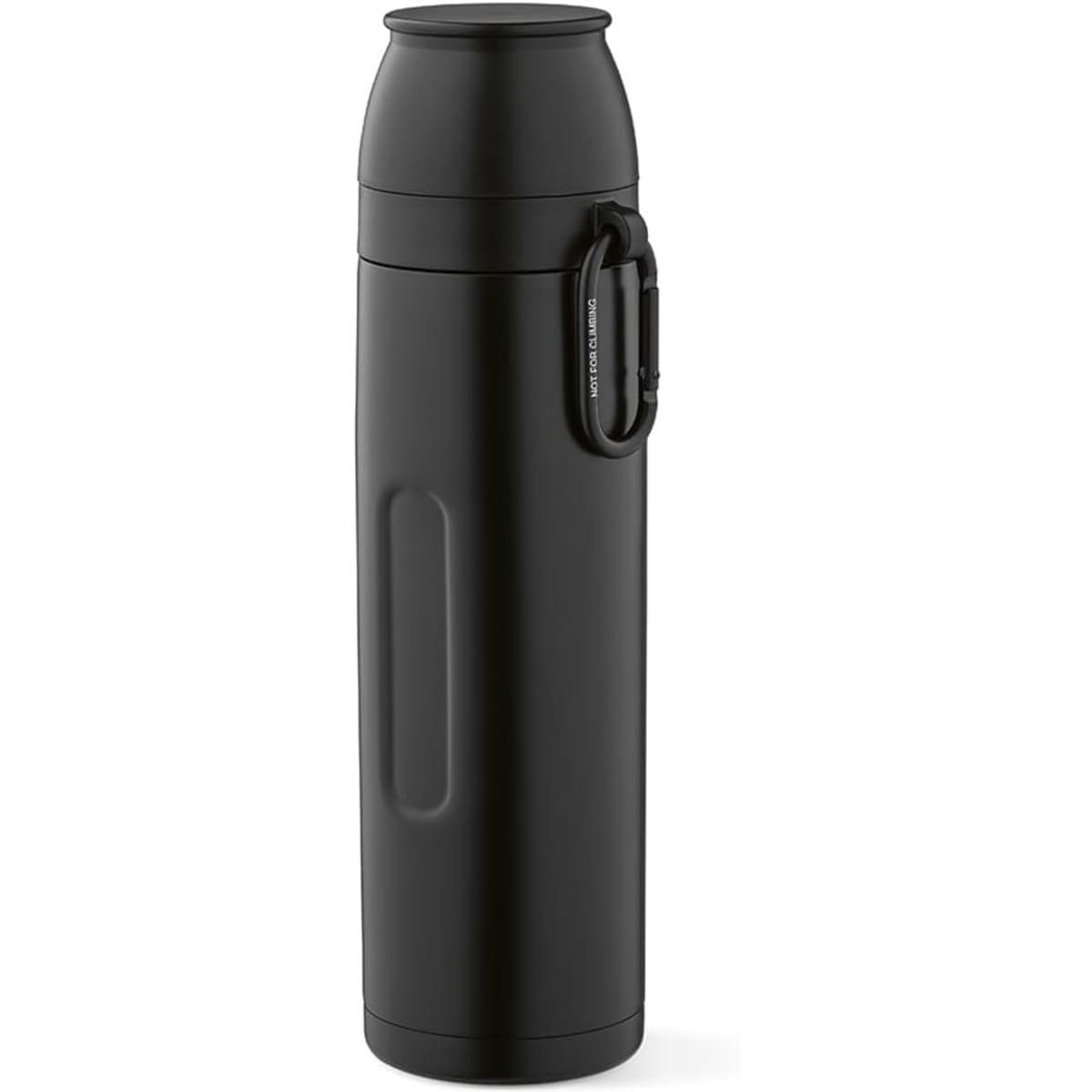 A drink bottle in matte black, featuring a carabiner and two cups, holding 1080ml. Includes a branding logo.
