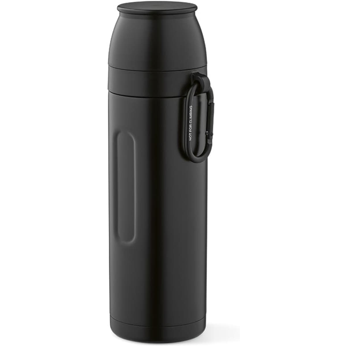 A drink bottle in black, featuring a carabiner and two cups, ideal for outdoor use.