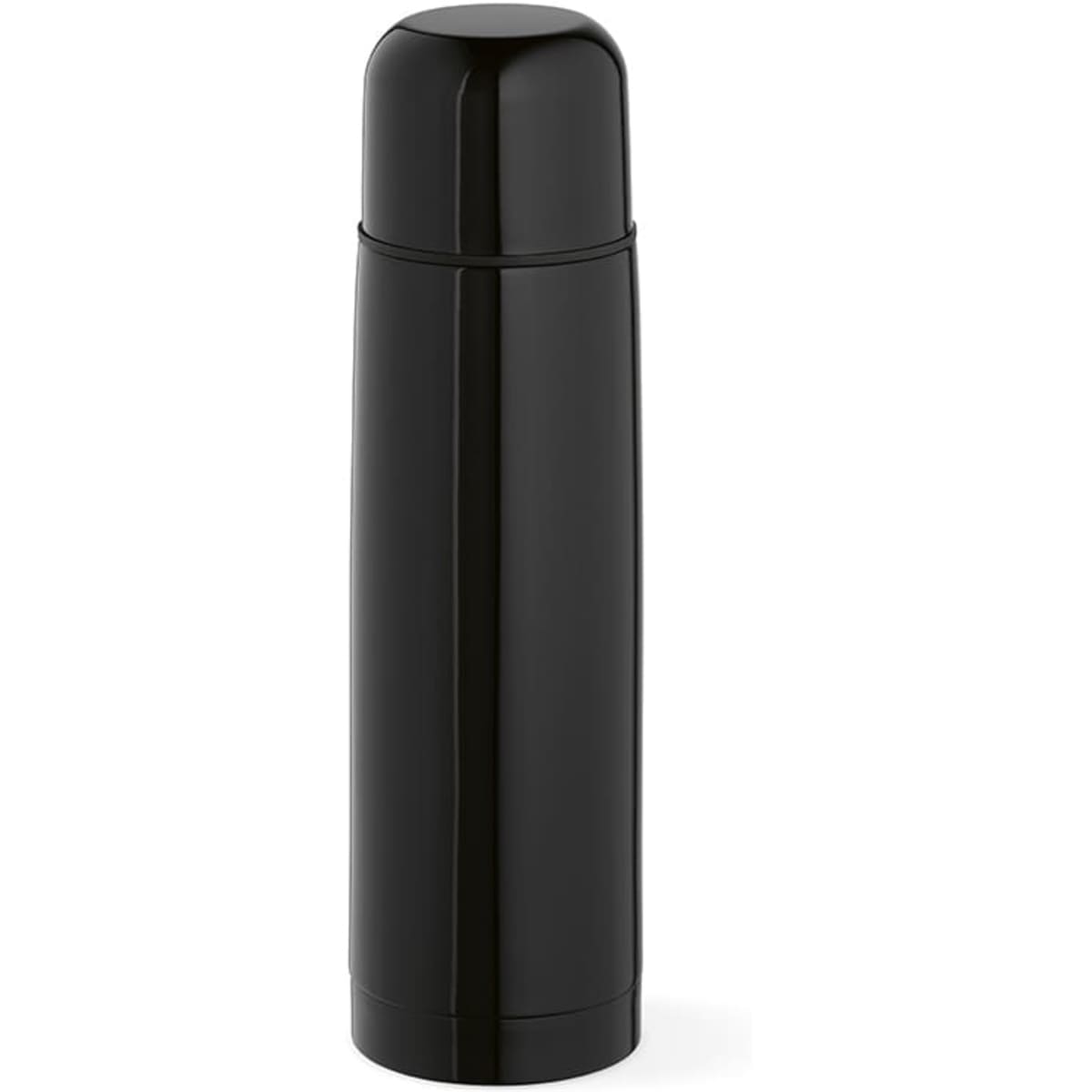 A drink bottle with a sleek black design, featuring a cylindrical shape and a secure lid. It has a branding logo.