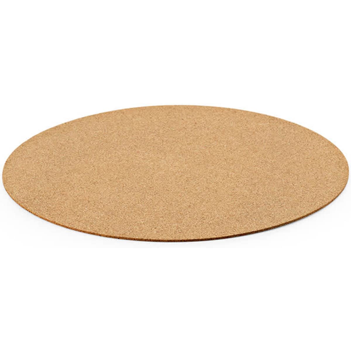 A round cork placemat in a natural brown colour on a white background, featuring a logo. Made in Portugal.