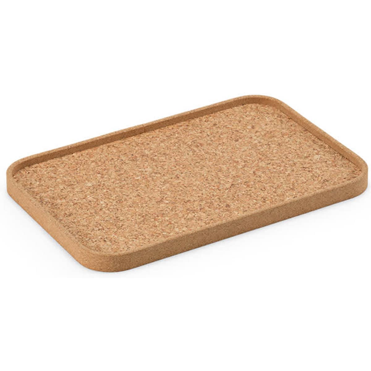 A rectangular cork tray in a natural brown hue, featuring rounded edges and a smooth, textured surface.