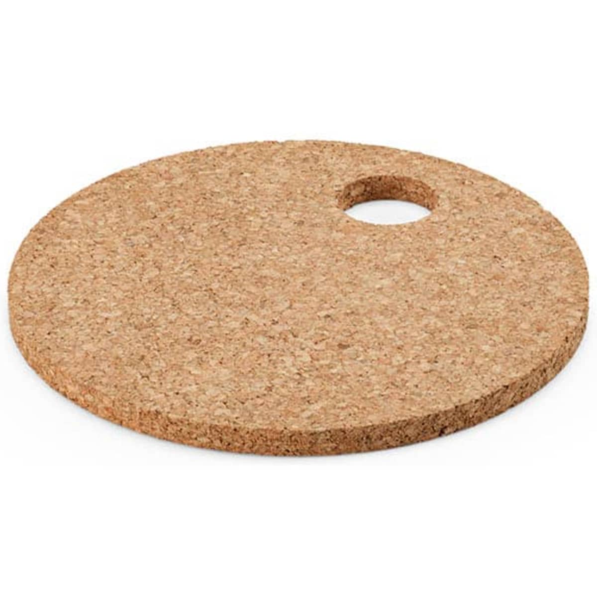 A round cork trivet with a hole for hanging, featuring a natural cork finish. Made in Portugal.