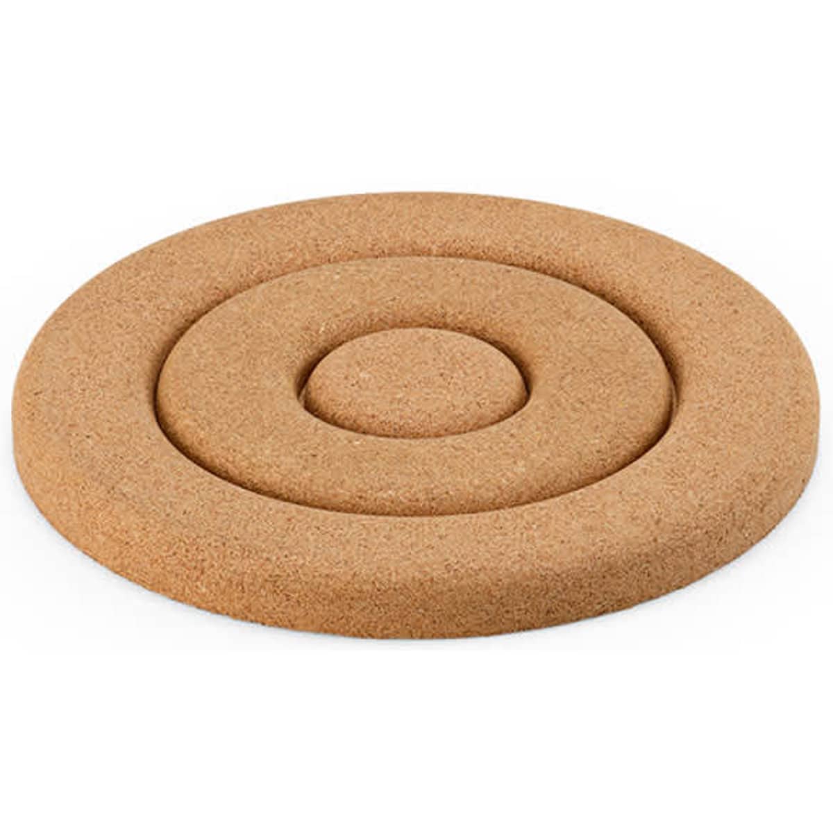 A round cork double trivet featuring concentric circles, showcasing a natural, brown colour. It includes a logo.