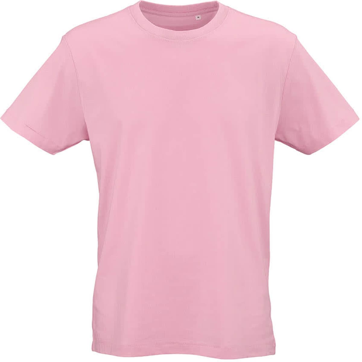 A pink unisex jersey t-shirt made of 100% organic cotton, featuring a logo.