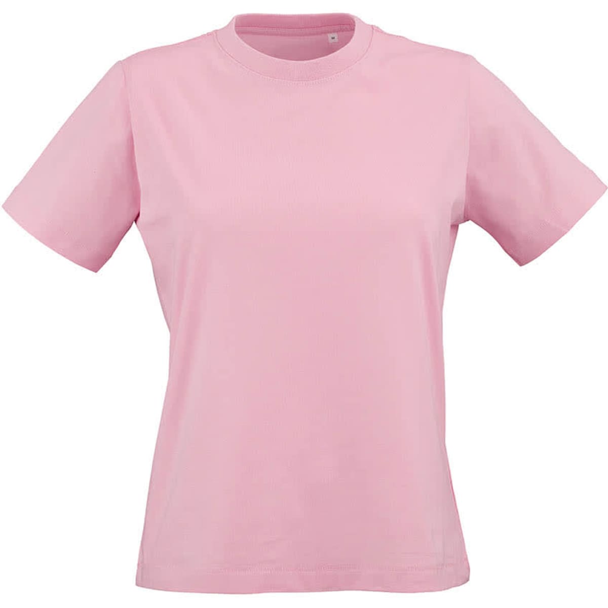 A women's pink t-shirt made of 100% organic cotton, featuring a crew neck and short sleeves. It has a logo.